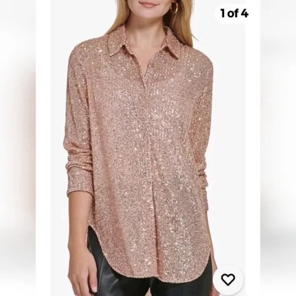 Calvin Klein Rose Gold Sequin Long Sleeve Top Medium